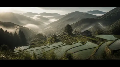 作品の見本: 朝もやのかかった棚田と山
